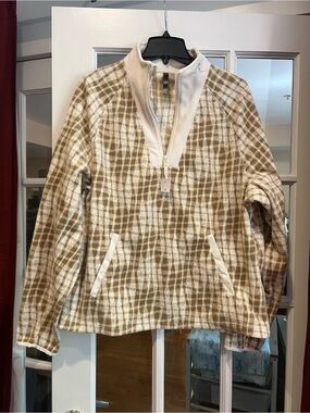 Fabletics Beige & Cream Plaid Quarter-Zip Teddy Jacket